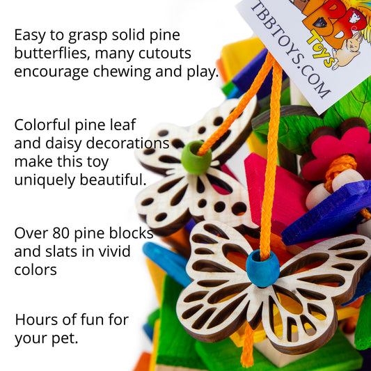Features of this bird toy include, over 80 pieces of pine wood, hardwood beads and wood flower and butterfly cutouts. Strung on poly rope.