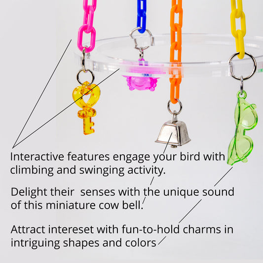This bird toy features climbing and perching areas, a bell and colorful charms and plastic chains.