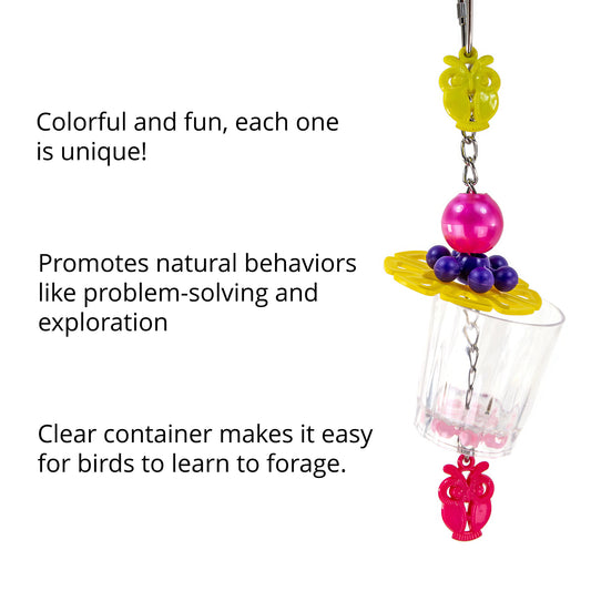 Owl themed foraging bird toy with a clear food cup.