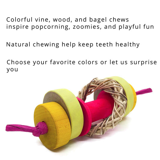 Colorful pet chew toy with text about natural chewing benefits on a white background