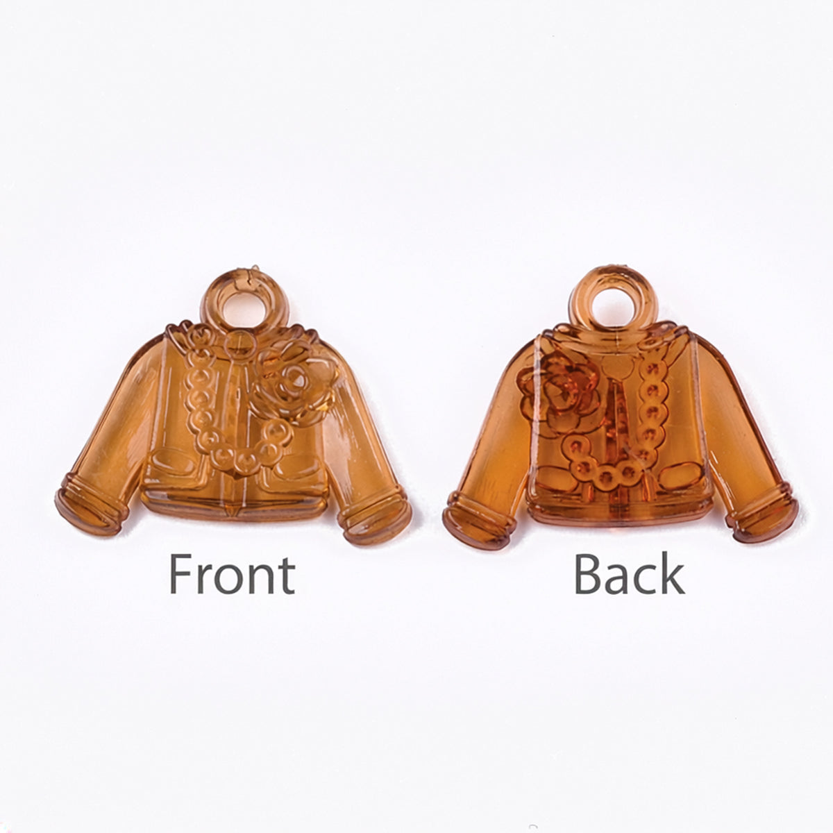 Two amber translucent jacket-shaped charms or pendants shown side by side on a white background, labeled Front and Back, with the back view showing an embossed floral design.