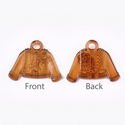 Two amber translucent jacket-shaped charms or pendants shown side by side on a white background, labeled Front and Back, with the back view showing an embossed floral design.