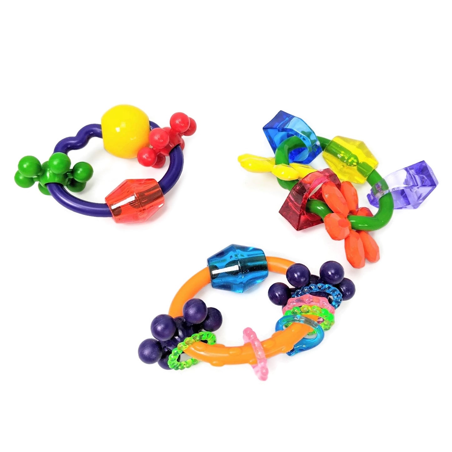 Colorful parrot foot toys with different shapes and sizes on a white background