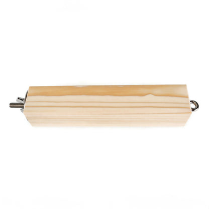 A square shaped natural wood perch with stainless steel attachments and a eye hook for hanging an additional toy.