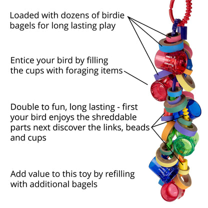 The bird toy features birdie bagels, foraging cups and is refillable