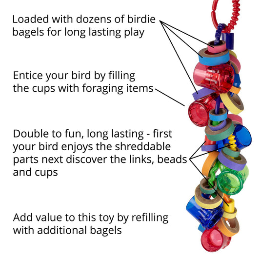 The bird toy features birdie bagels, foraging cups and is refillable