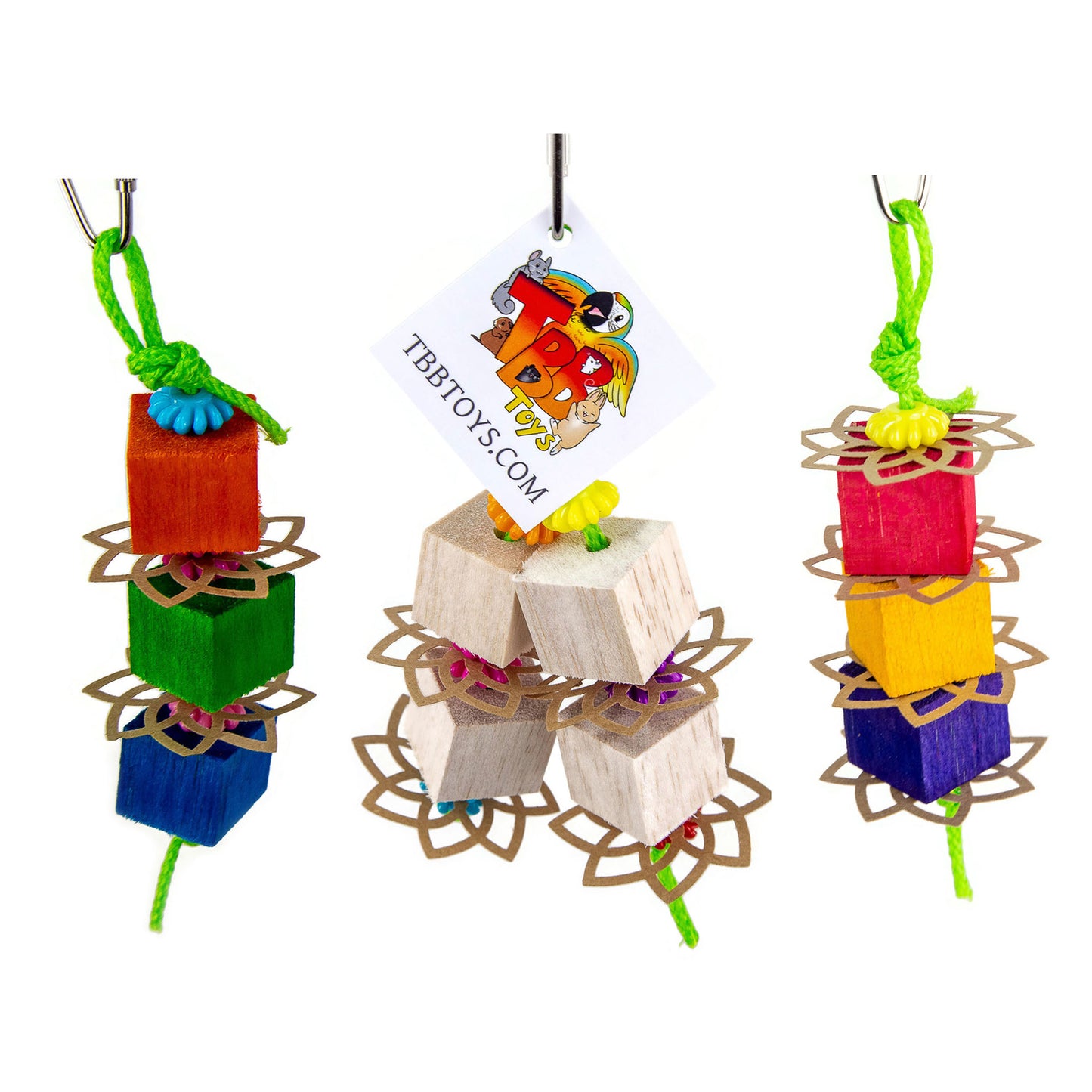 Colorful bird toy with wooden blocks and colorful ropes on a white background