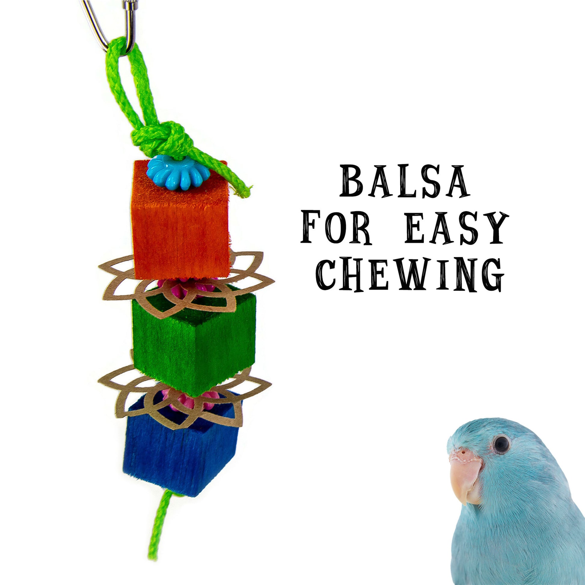 Balsa bird toy with colorful blocks and a blue parrotlet on a white background