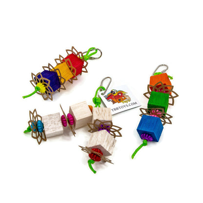 Colorful pet toys with wooden blocks and colorful beads on a white background
