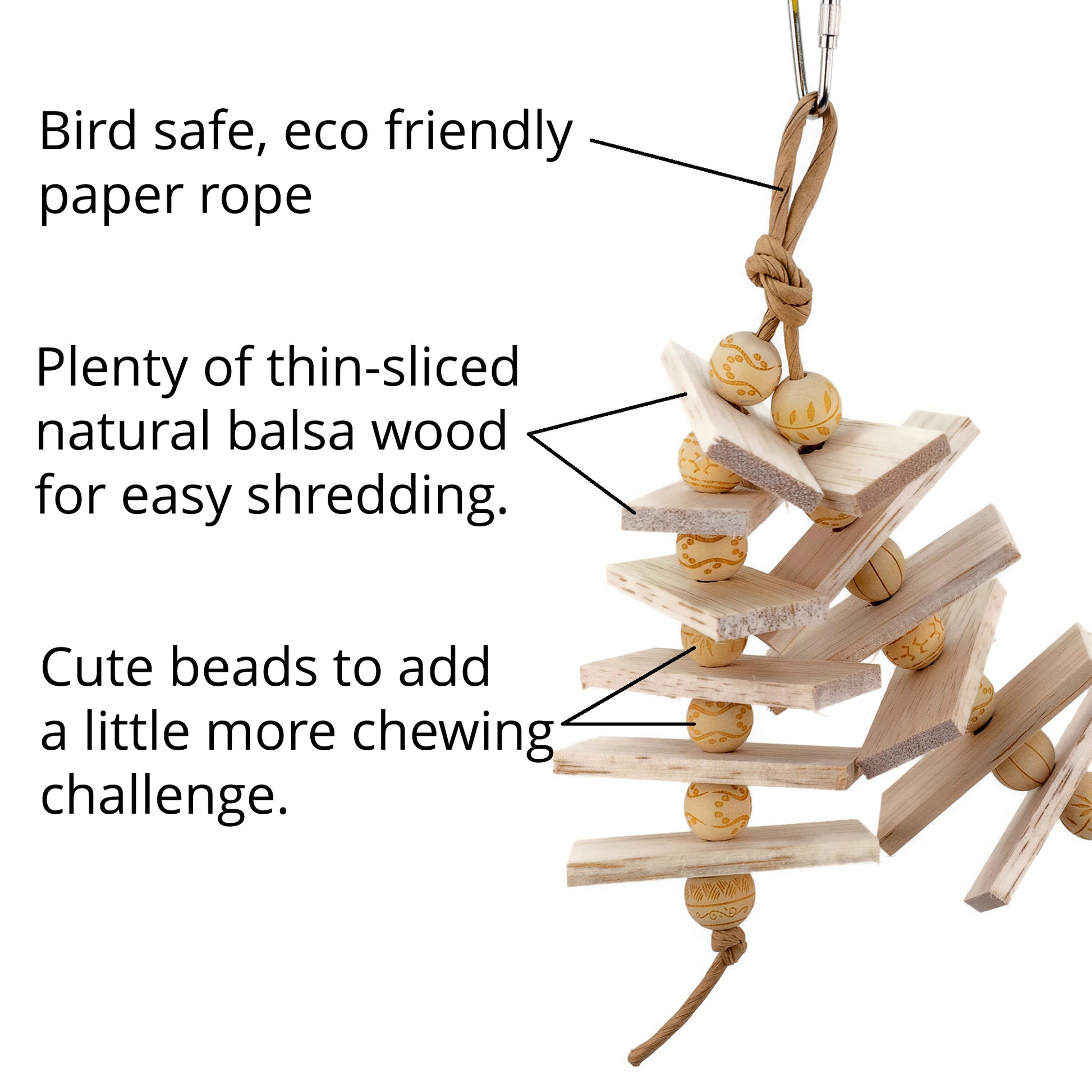 The balsa bird toy is strung on paper rope and features balas pieces alternating with beads.
