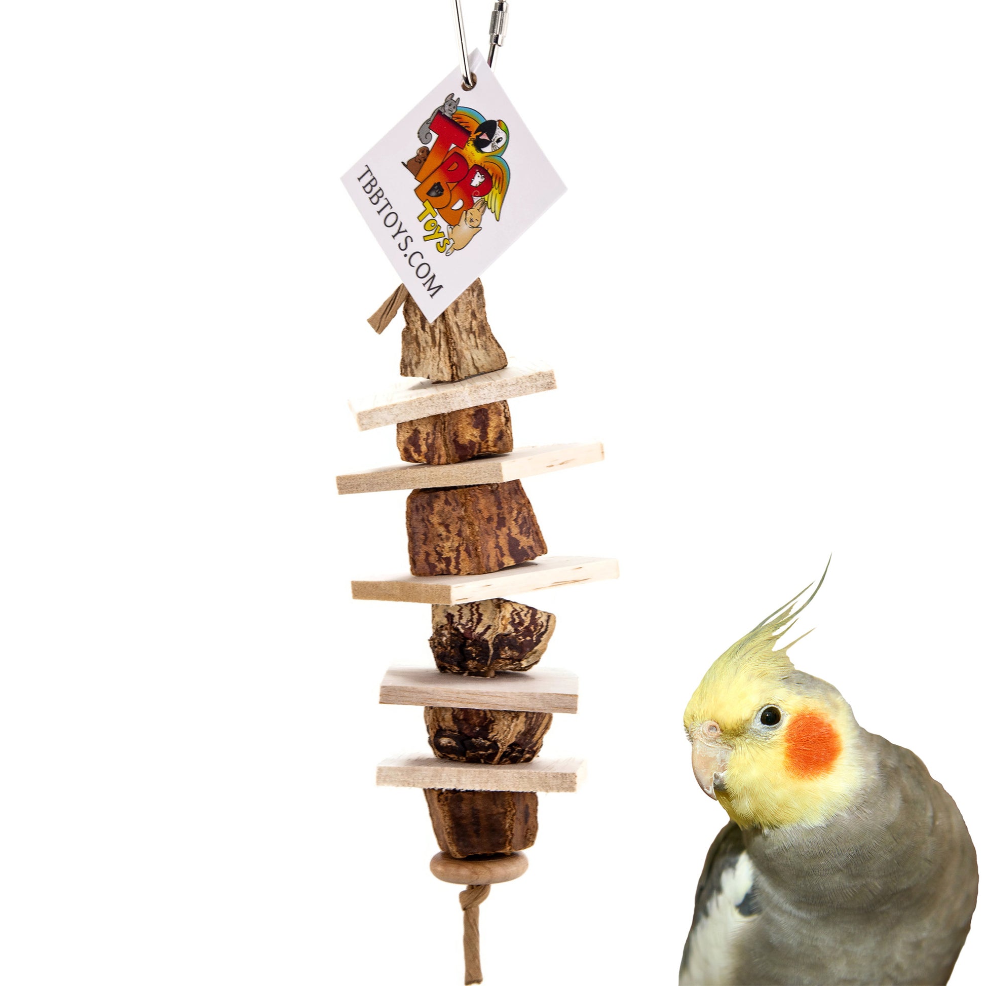 The Beak Easy bird toy is made from natural mahogany pod slices and natural balsa wood, it is featured here with a cockatiel.
