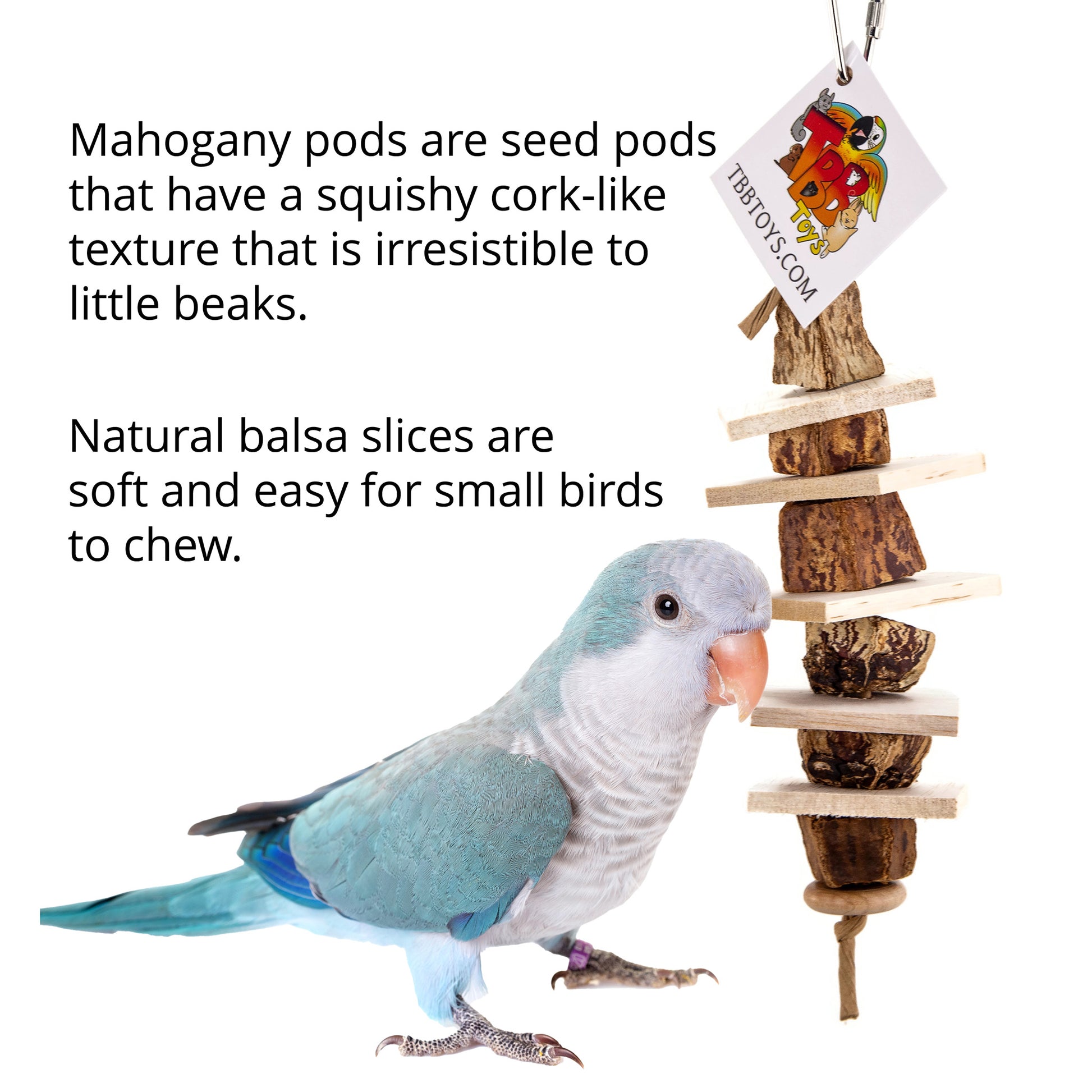 Features of this bird toy include soft materials for easy chewing. The toy is sized perfectly for Quaker parrots and similar sized small birds.