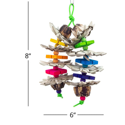 This bird toy measures 8" tall by 6" wide.