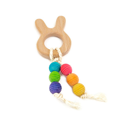 Wooden bunny head shaped chew toy with colorful beads.