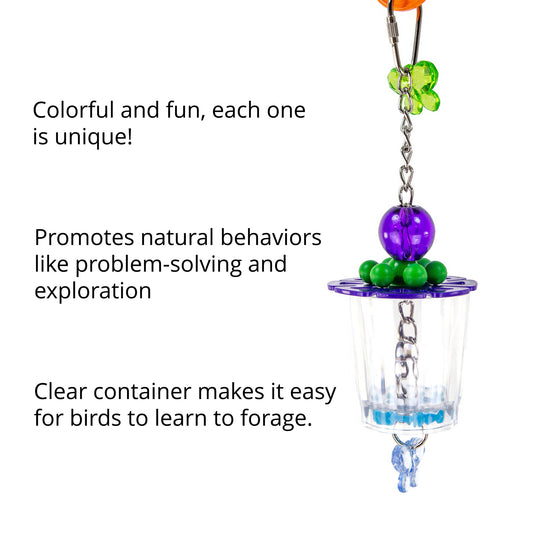 Bird toy with colorful beads and clear container on a white background