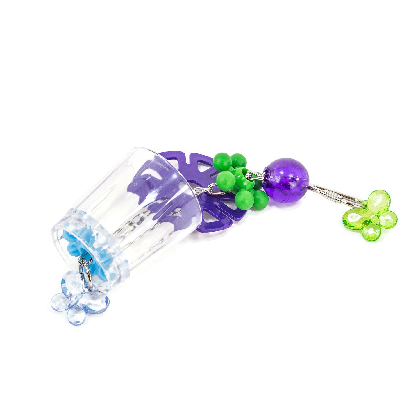 Clear cup foraging toy with purple and green elements, including butterfly shaped charms on a white background