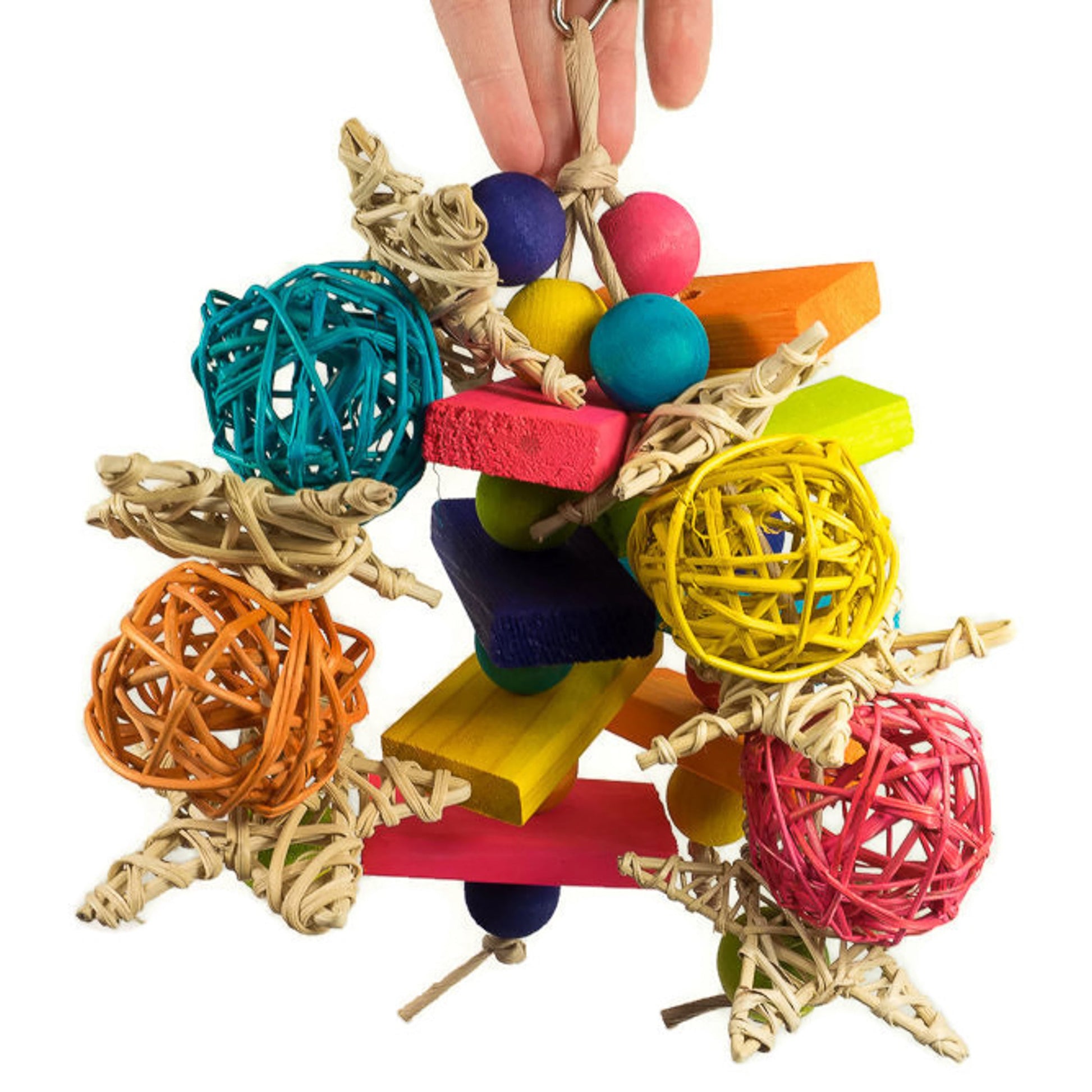 Colorful bird toy with various textures and shapes on a white background