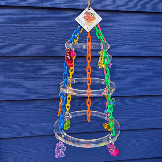 The Treetop Chandelier bird toy has three layers of perching options and lots of colorful plastic chains and charms.