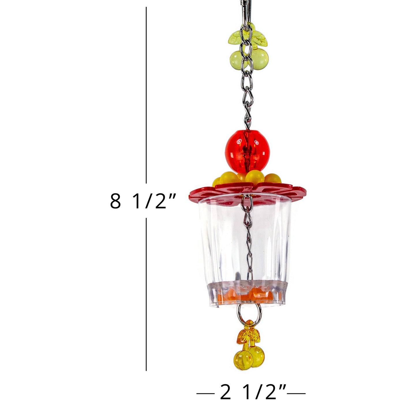The bird toy is about 8 1/2 inches long and 2 1/2 inches wide.