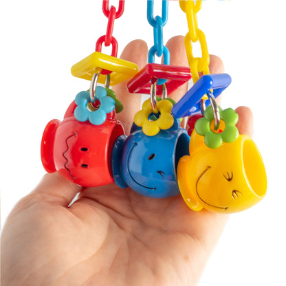The main part of the bird toy is the size of a hand.