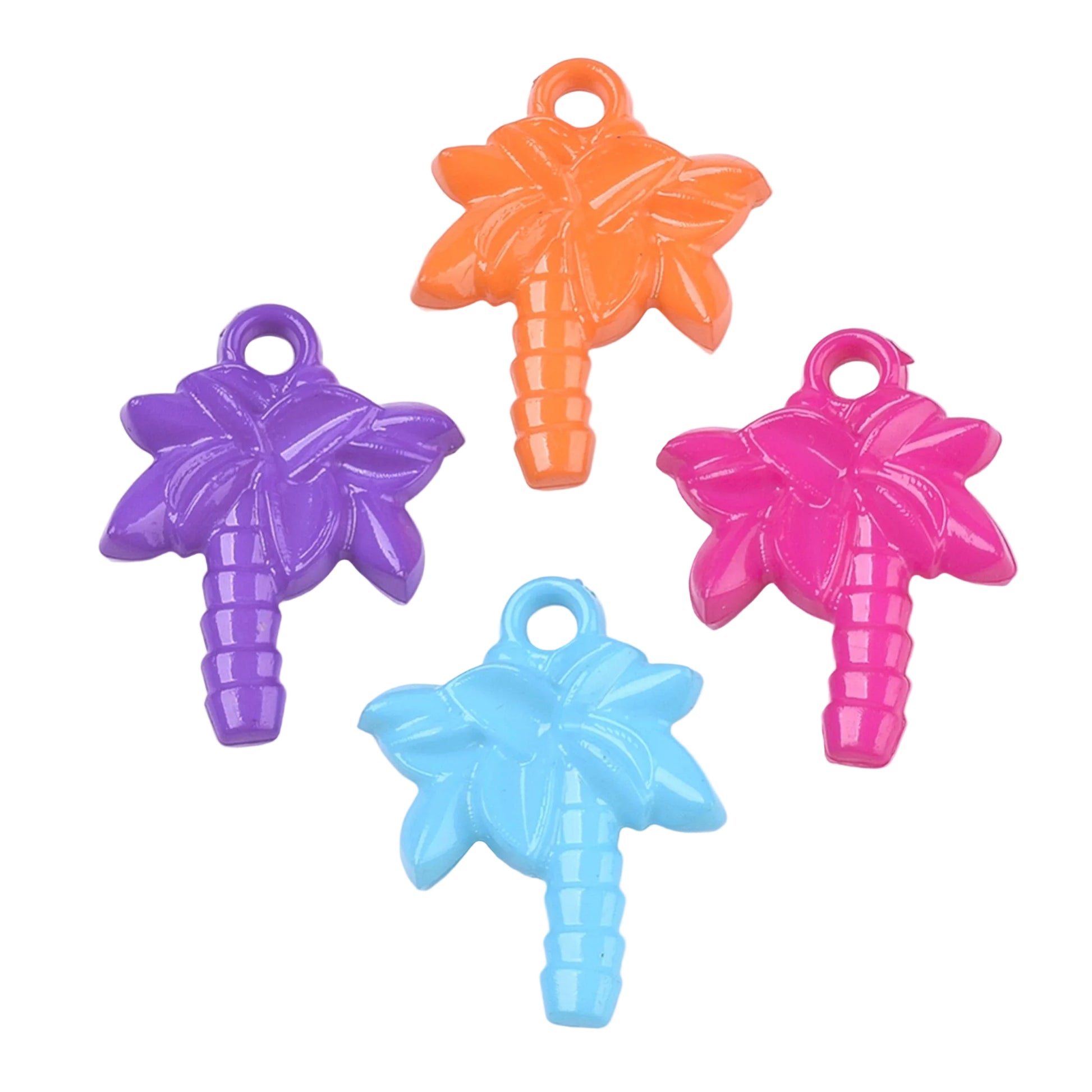 Four small palm tree-shaped charms in purple, orange, pink, and light blue, arranged on a plain white background.