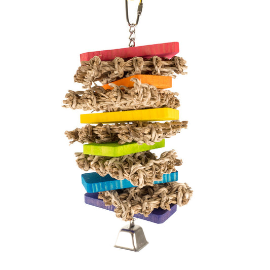 Colorful small animal toy with wood blocks alternating with seagrass mats. Rainbow colors.