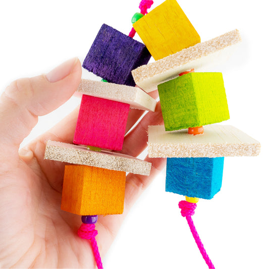 Colorful hanging bird toy with 6 balsa cubes, 4 balsa square on two strands.