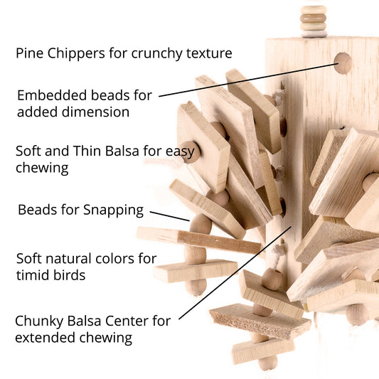Wooden bird toy with labeled features on a white background