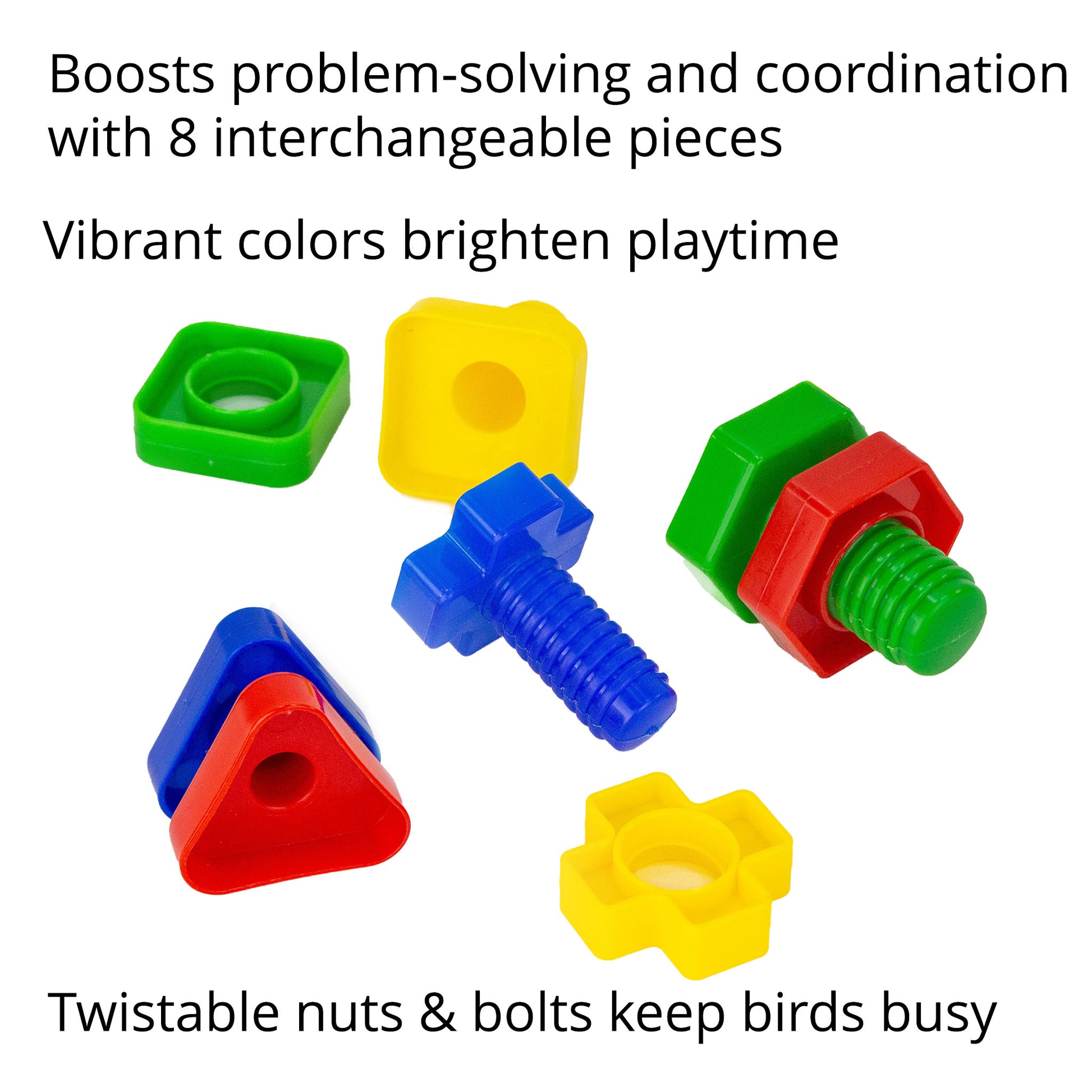 Colorful toy nuts and bolts with text describing their benefits on a white background