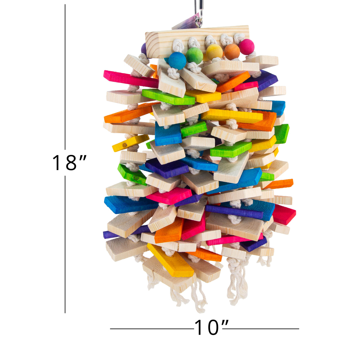 A colorful wooden bird toy with dimension lines indicating 18 inches tall by 10 inches wide. 