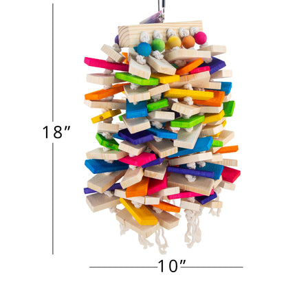 A colorful wooden bird toy with dimension lines indicating 18 inches tall by 10 inches wide. 