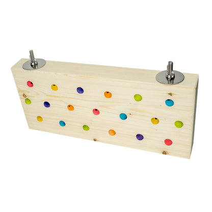 Wooden Platform perch with stainless steel mounting hardware and brightly colored embedded beads.