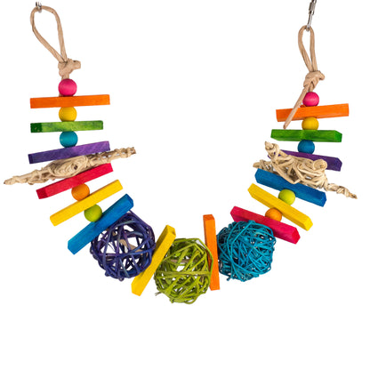 The Little Nibbler Bird Toy hangs by two pear links, like a garland. It features colorful block, beads and wicker balls and stars. 