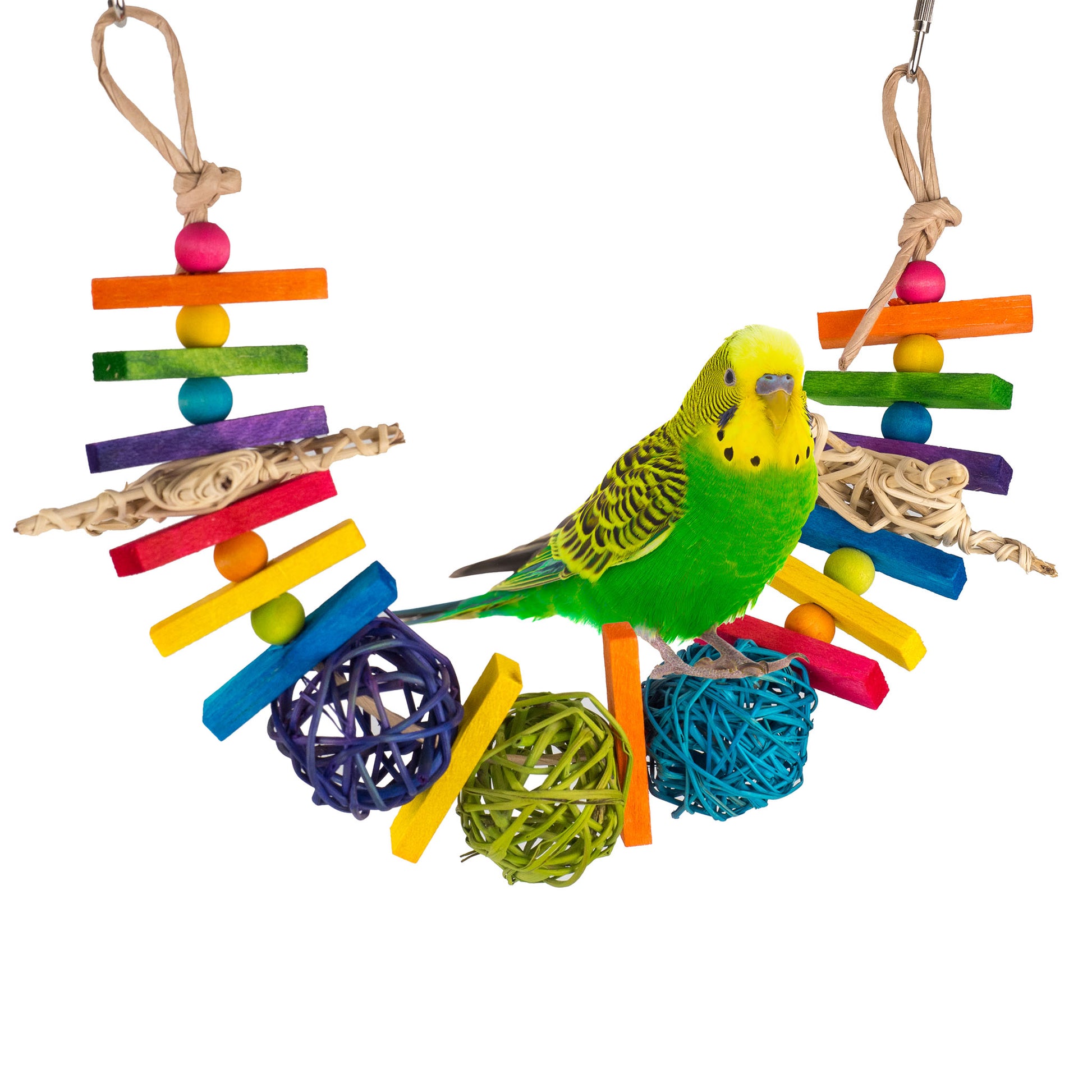 The Little Nibbler Bird Toy hangs by two pear links, like a garland. It features 14 colorful block, 10 beads and 3 wicker balls and 2 wicker stars.