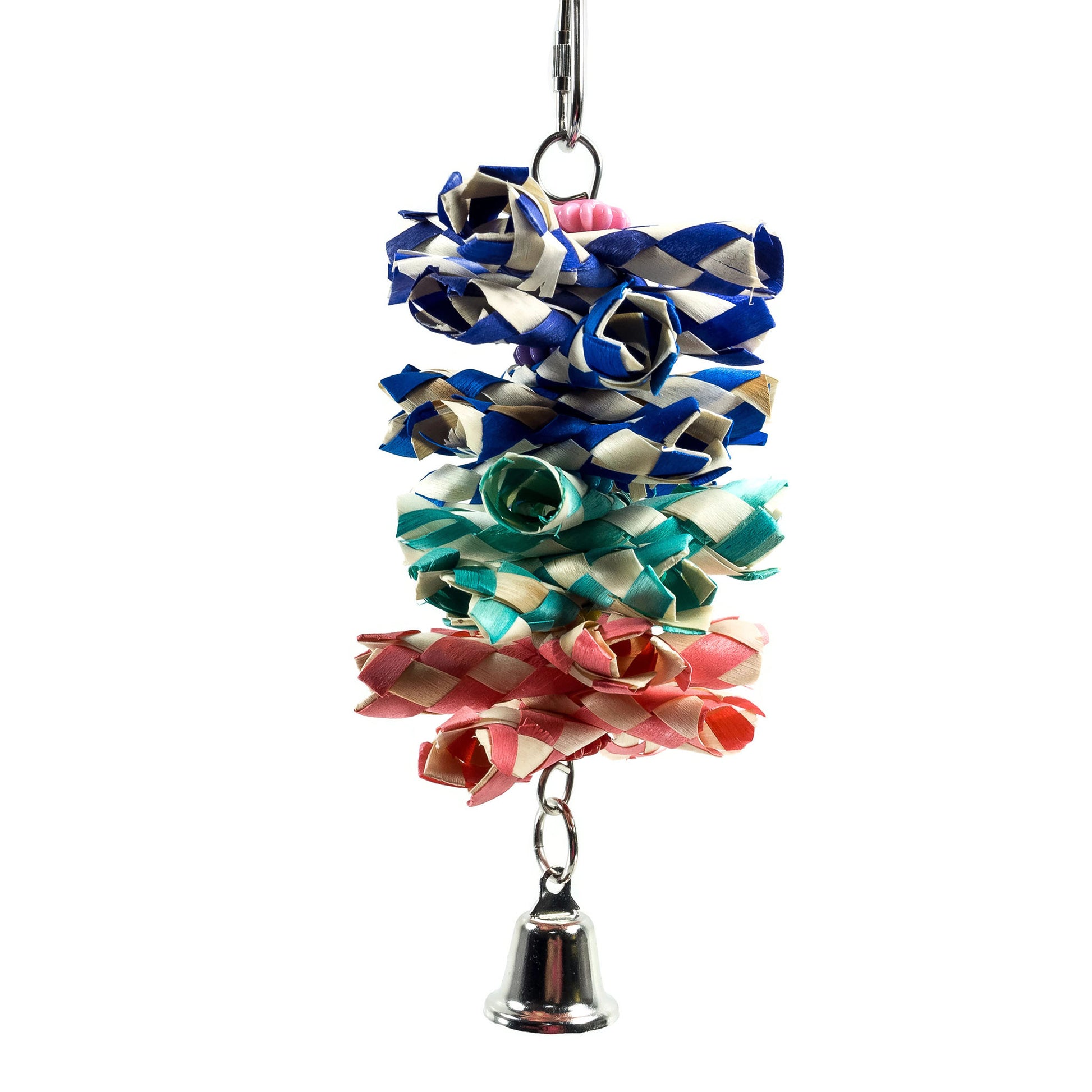 Bird toy featuring colorful thin paper like materials and a bell hung on wire.