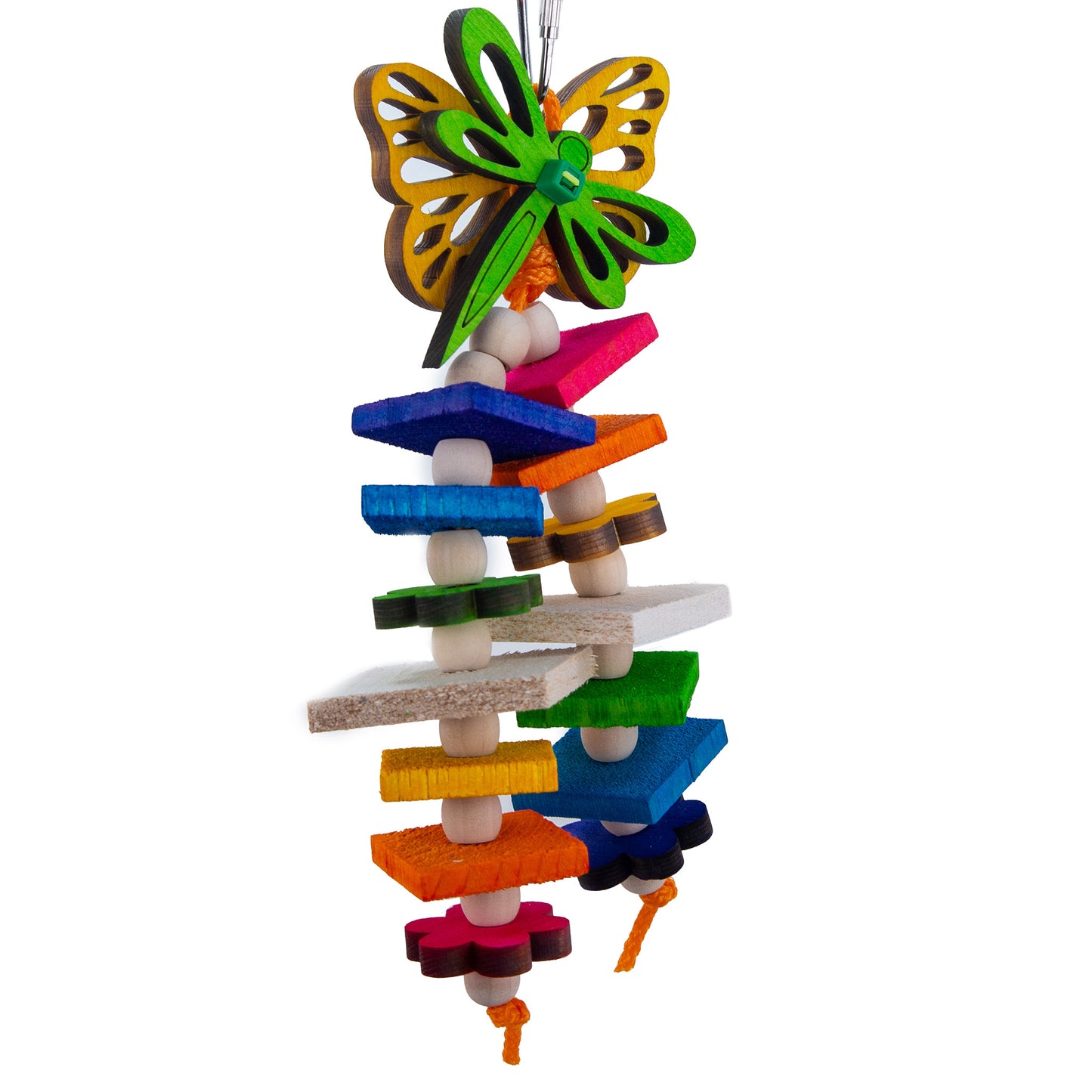 Colorful wooden bird toy with a wooden butterfly and dragonfly shaped top on a white background