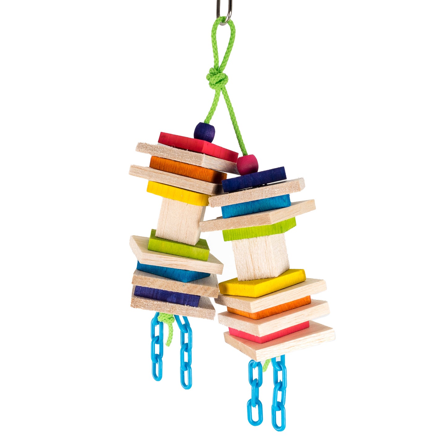 This wood bird toy features thin slice balsa and colorful pine slices along with dangling plastic chain for added fun.
