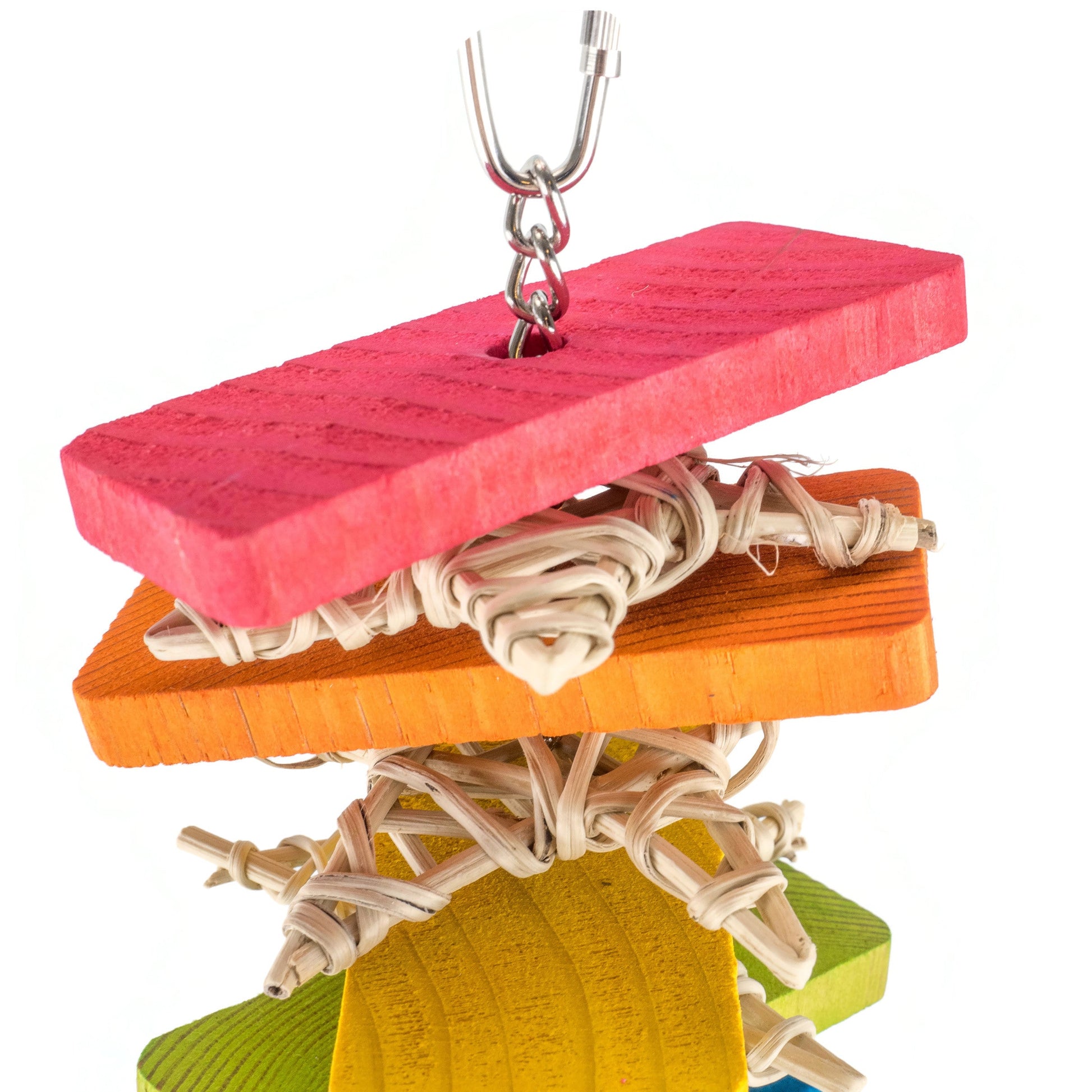 Colorful bird toy with pink, orange, and green platforms on a white background