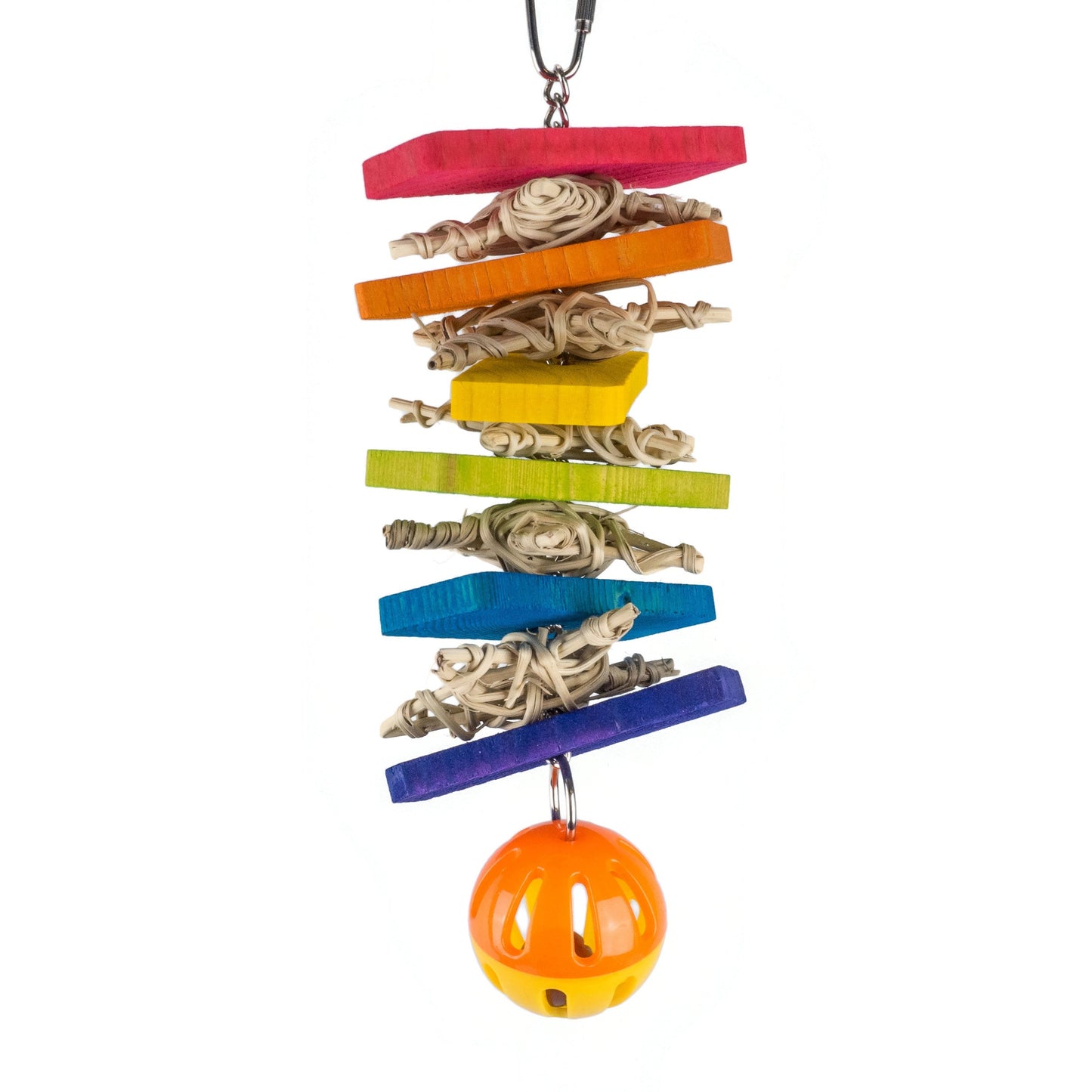 Colorful pet toy with wooden blocks and a bell on a white background