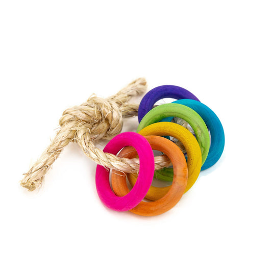6 wooden, rainbow colored rings tied together with sisal.