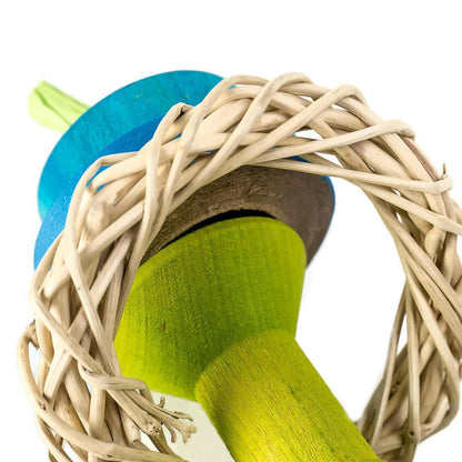Colorful wooden toy with a woven wicker elements