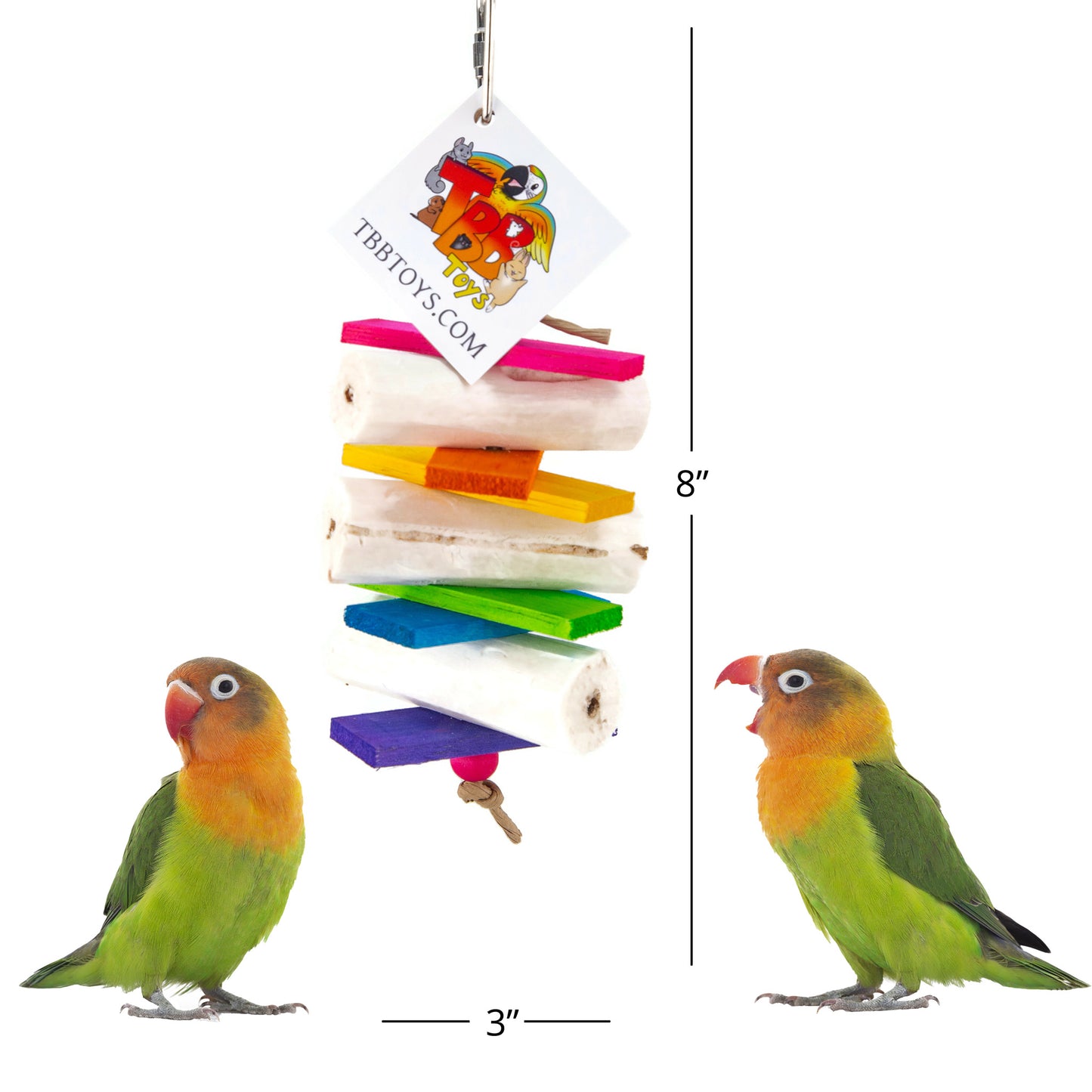 The softy bird toy is about 8 inches tall and three inches wide.