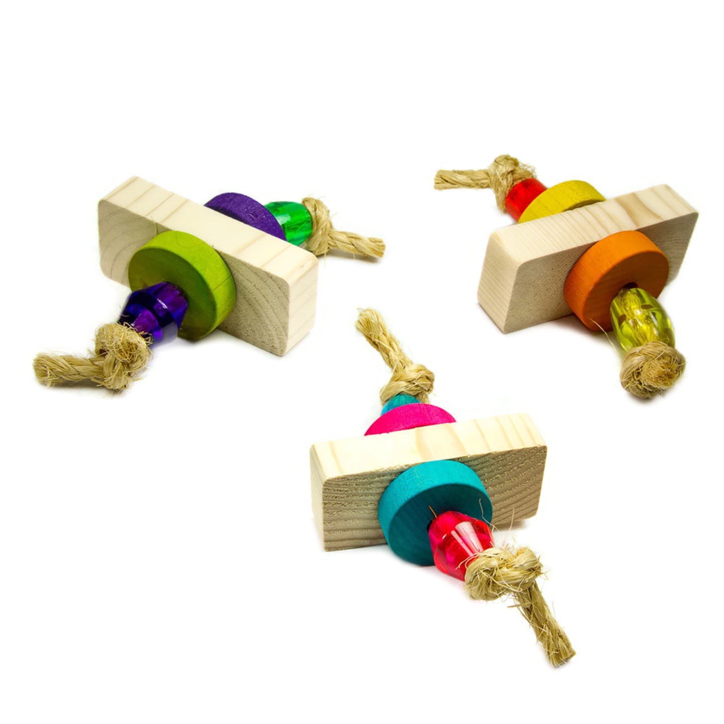 Colorful wooden foot toys for parrots. Each has pine wood blocks, birch wheels and large hard plastic beads.