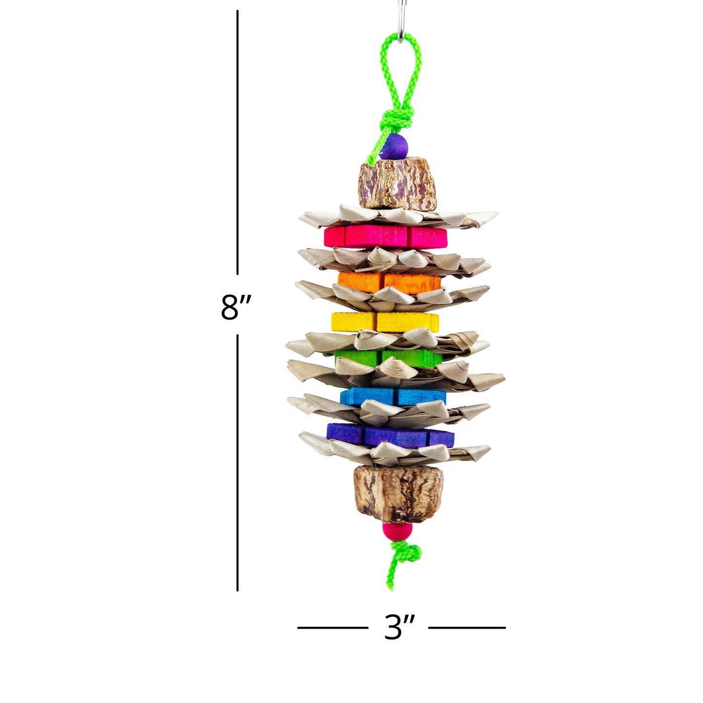 Colorful bird toy with wooden blocks and beads, 8" long and 3" wide.
