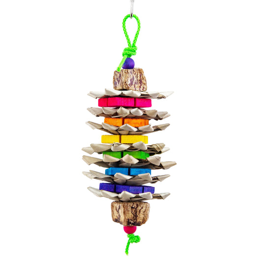 Colorful bird toy with rainbow order thin wood chipper blocks alternating with woven palm flowers. Top and bottom of the toy ends with a mahogany pod slice and a wooden bead.