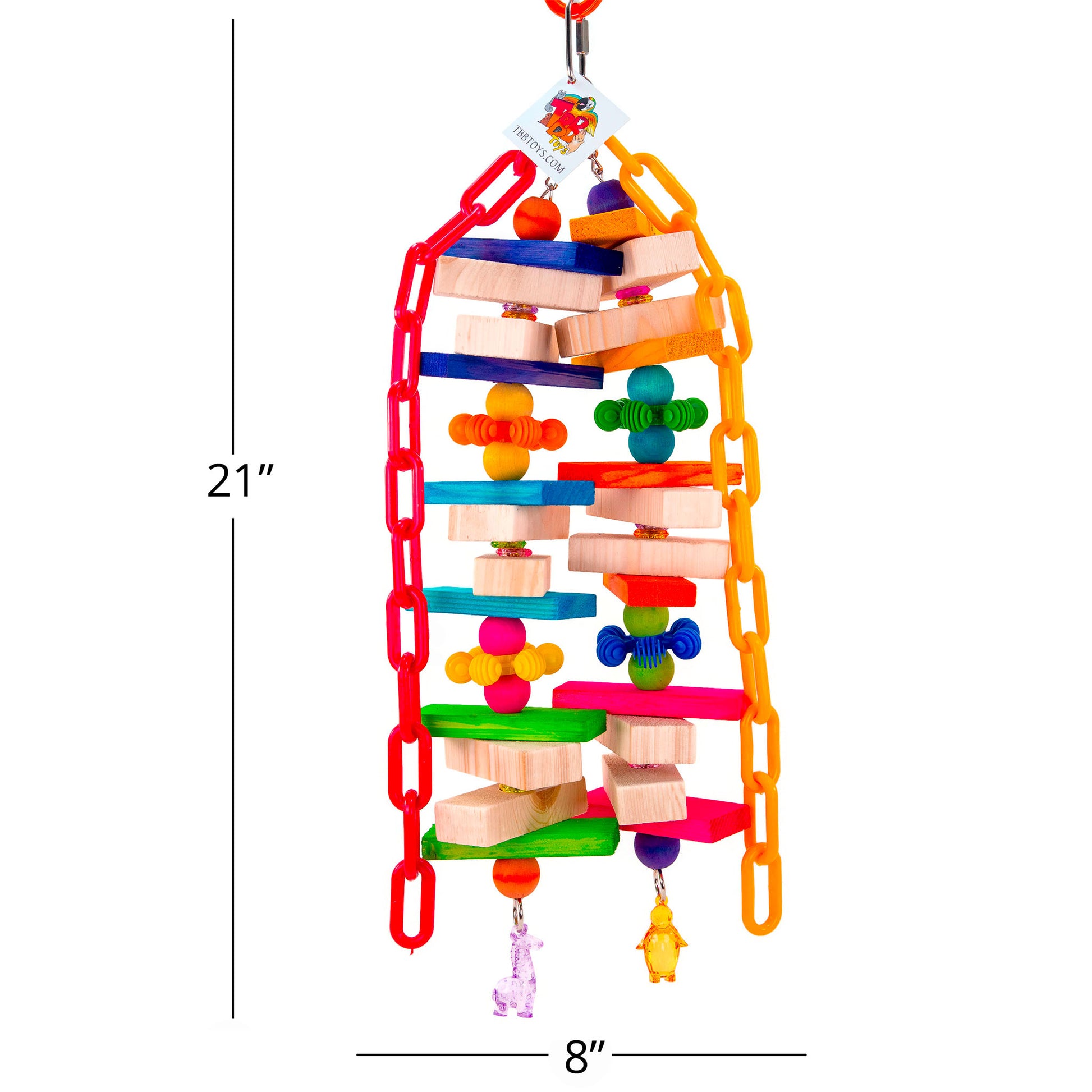 Colorful bird toy with wooden blocks and chains, dimensions of 21" tall by 8" wide shown.