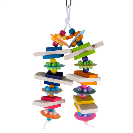 Hanging bird toy with 1/4 inch thick colored pine, paper and plastic toy parts.