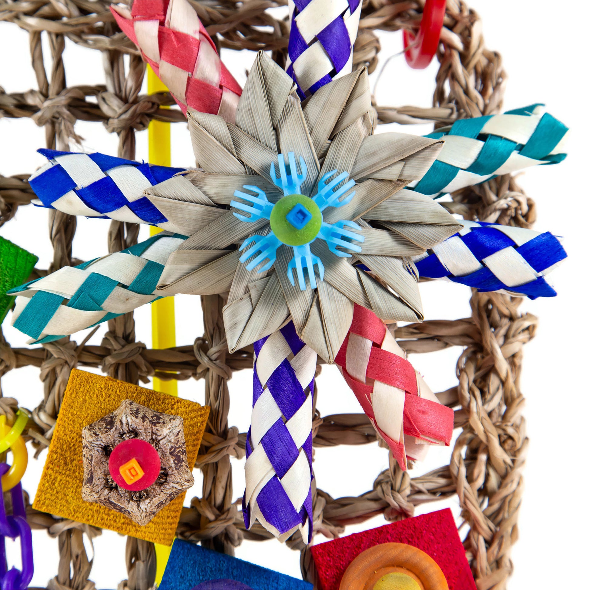 Colorful woven toy with star-shaped center and various geometric shapes.