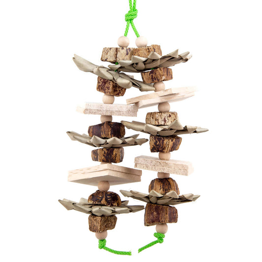 Toy for small birds made from Balsa wood, mahogany pods and palm leaf.