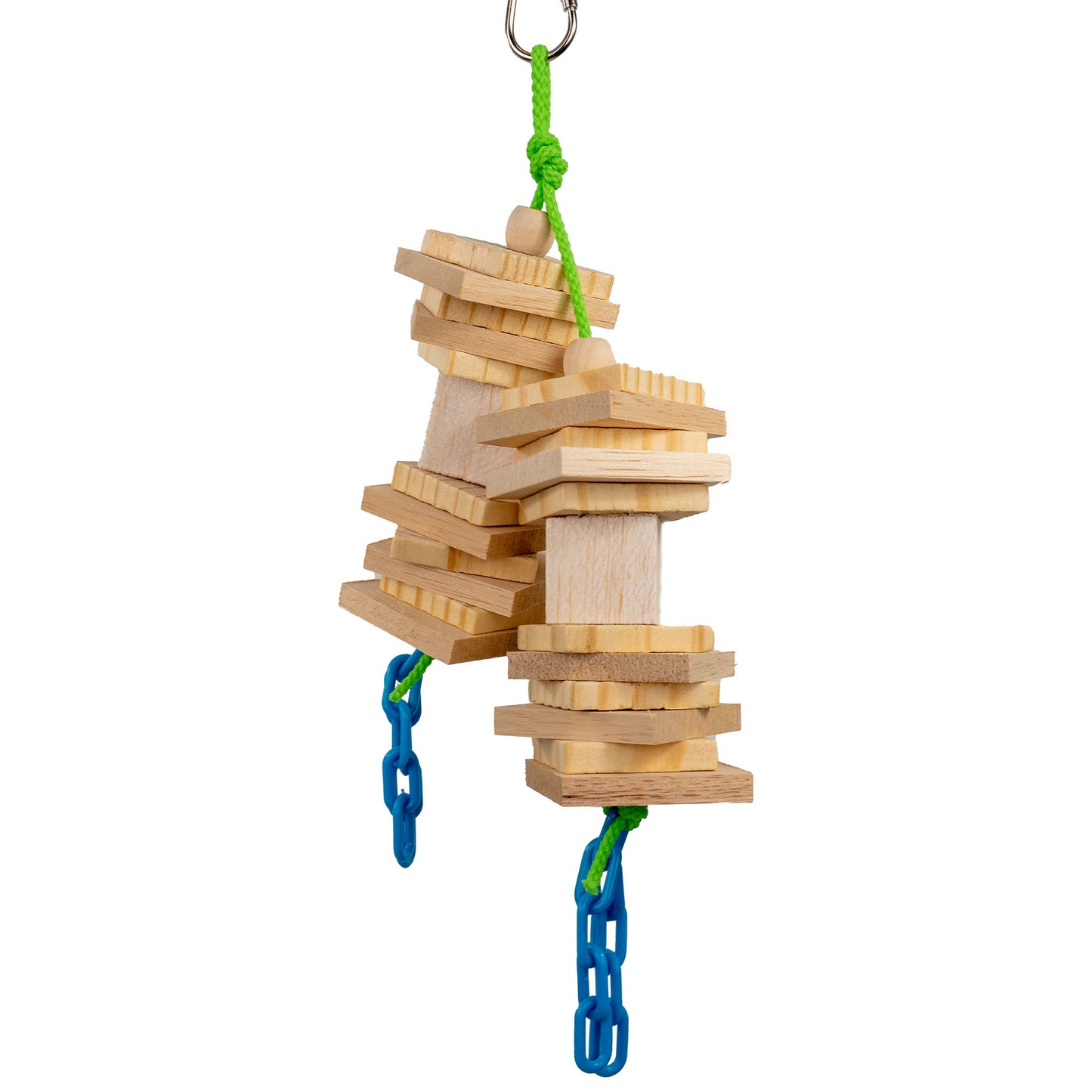 Waffles bird toy features natural pine and balsa wood with beads and dangling plastic chains.
